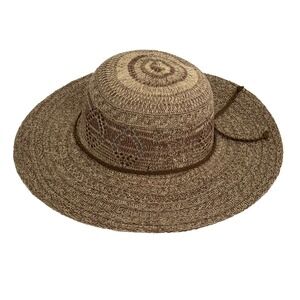 Sun Hat Wide Brimmed Raffia Woven Brown Braided Band Four Buttons San Diego Hat